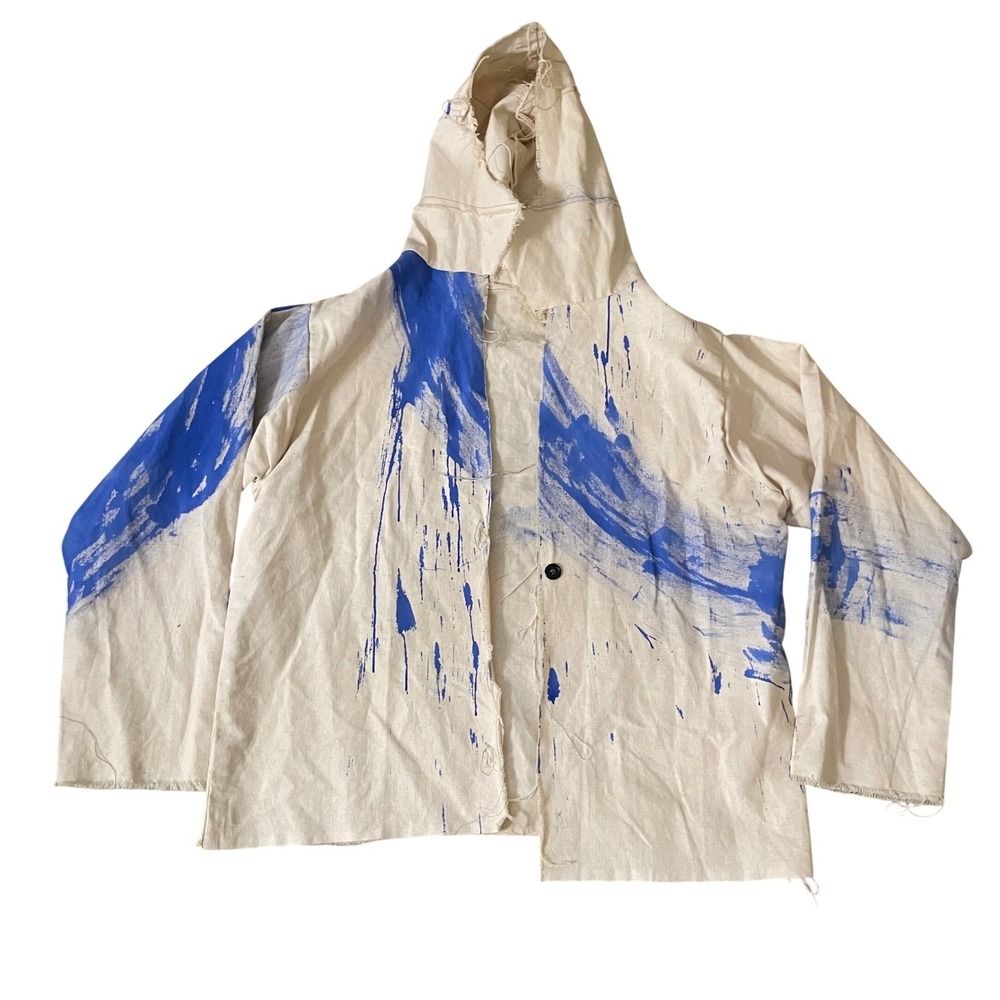 Hand Painted Deconstructed Canvas Hooded Jacket Cream Blue Avant Garde Artisan